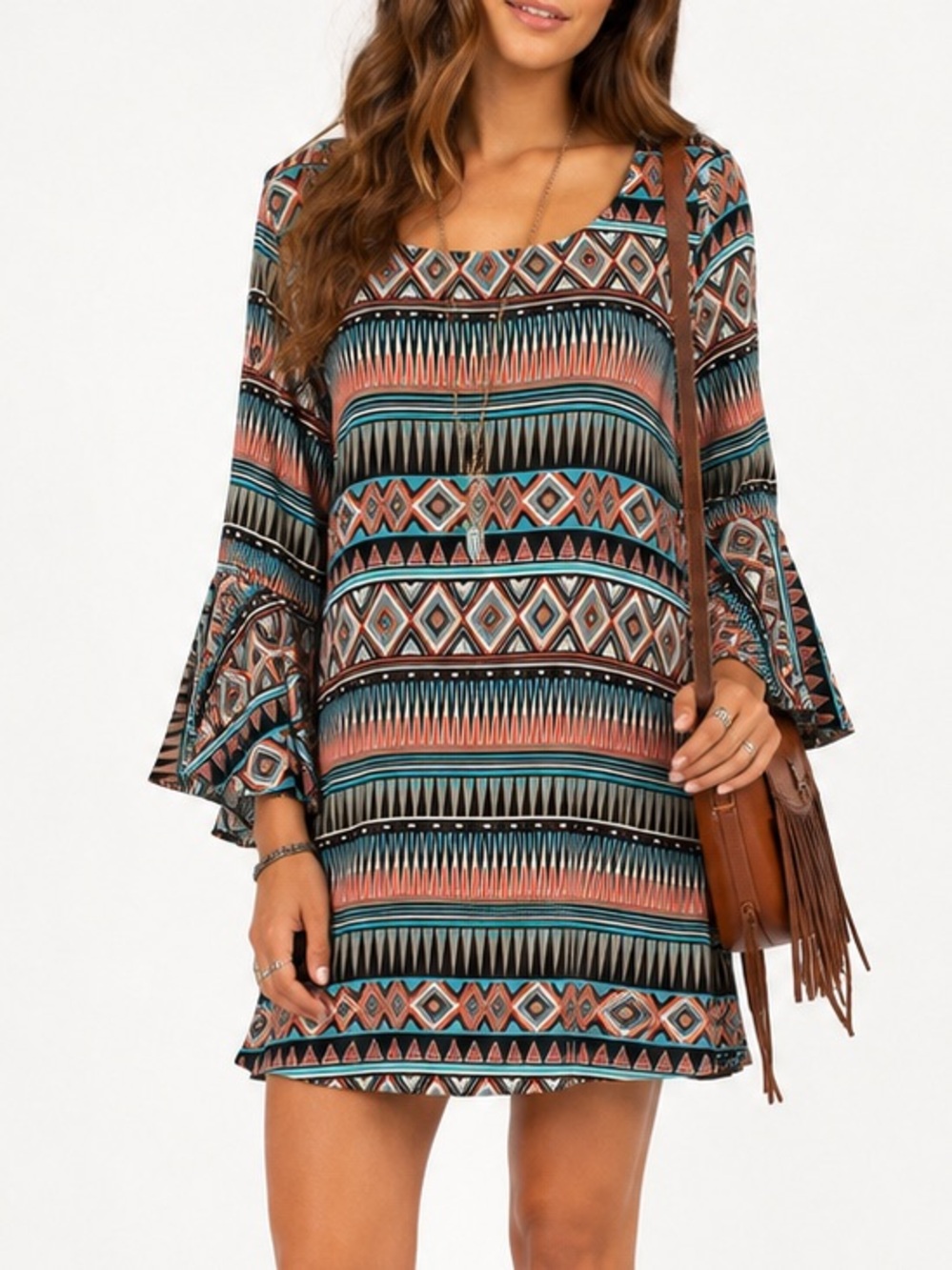 Scully Geometric Bell Sleeve Shift Dress Boho Southwestern Mini Dress | Small